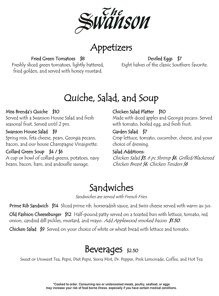 Menu – The Swanson | Perry Georgia